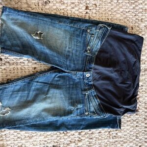 Maternity Distressed Blue Denim Jeans with Dark Blue Panel